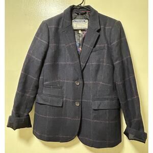Joules Portman Tweed Plaid Navy Wool Blazer Jacket Equestrian Preppy-Size 12US